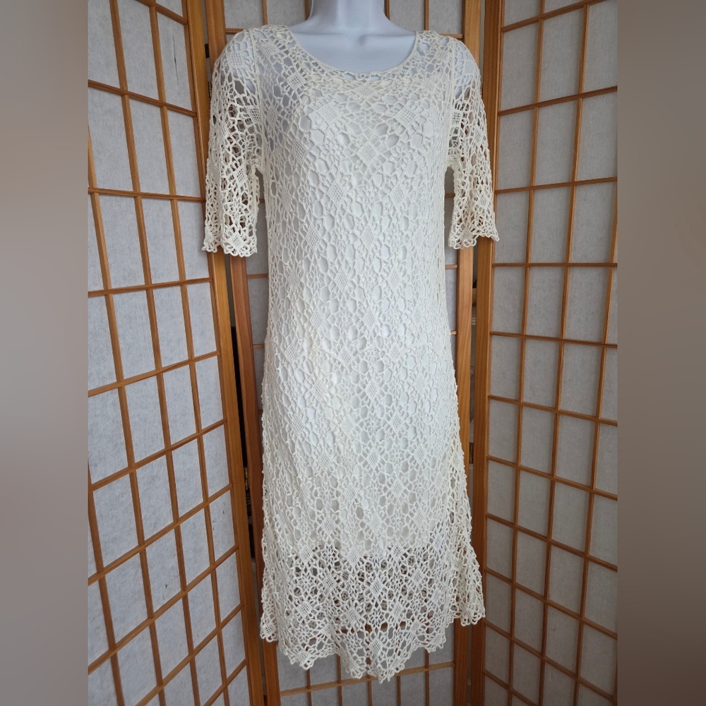 NWT RALPH LAUREN KNEE LENGTH WINTER WHITE CROCHETED COTTON SHORT SLEEVES DRESS S